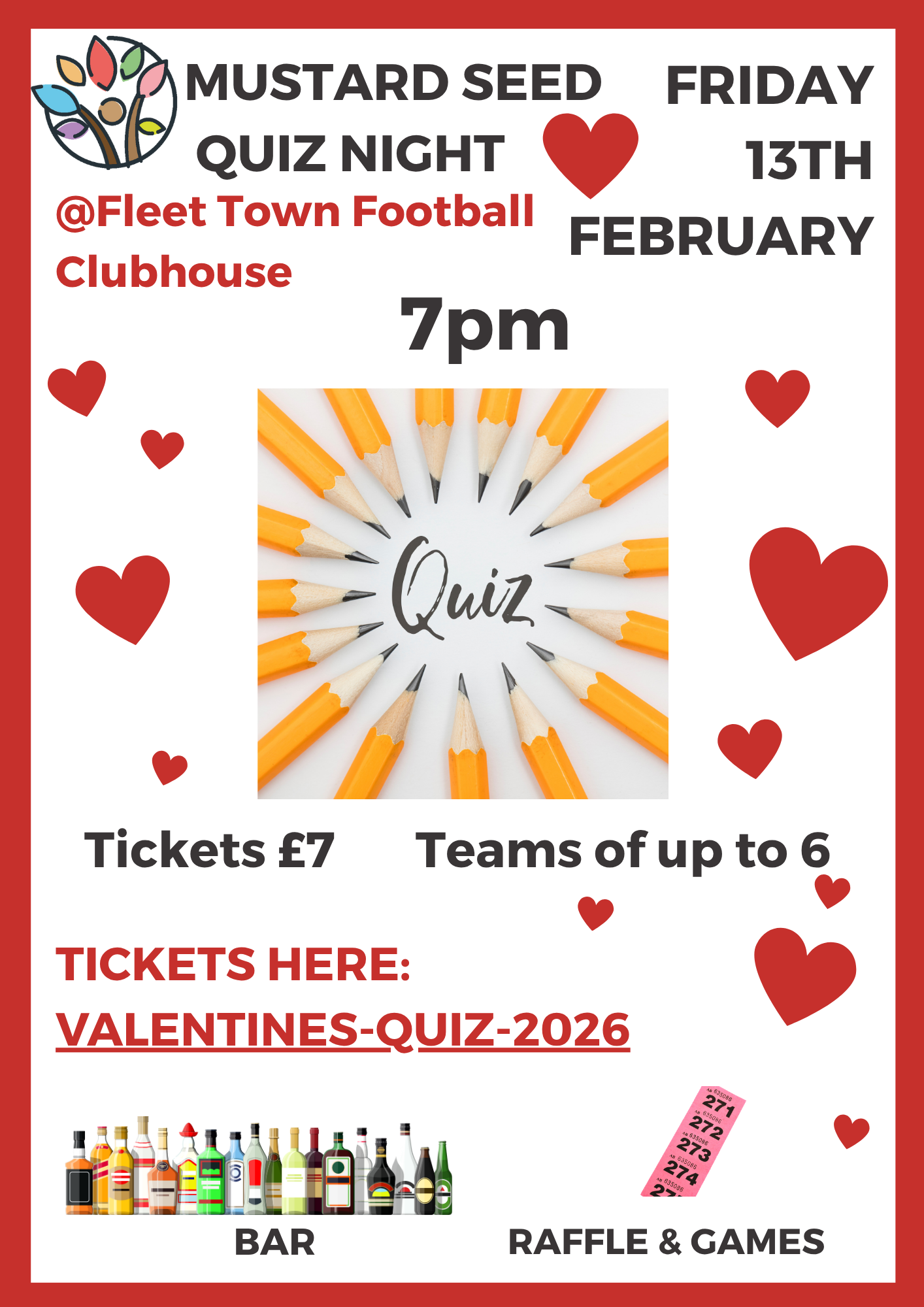 Poster advertising Valentine's Quiz night, with images of pencils and love hearts